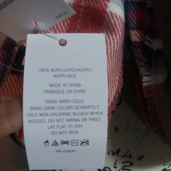 Lands' End Women's Coral Pink Plaid Scarf Soft Fringe - Picture 6 of 8